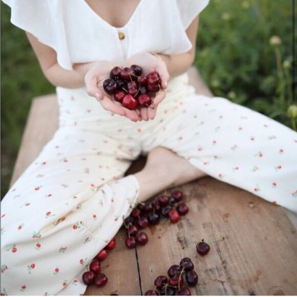 ANTHROPOLOGIE | Feather Bone | Talese Wide Leg Cherry Print Pants | Size 4 - Picture 4 of 9